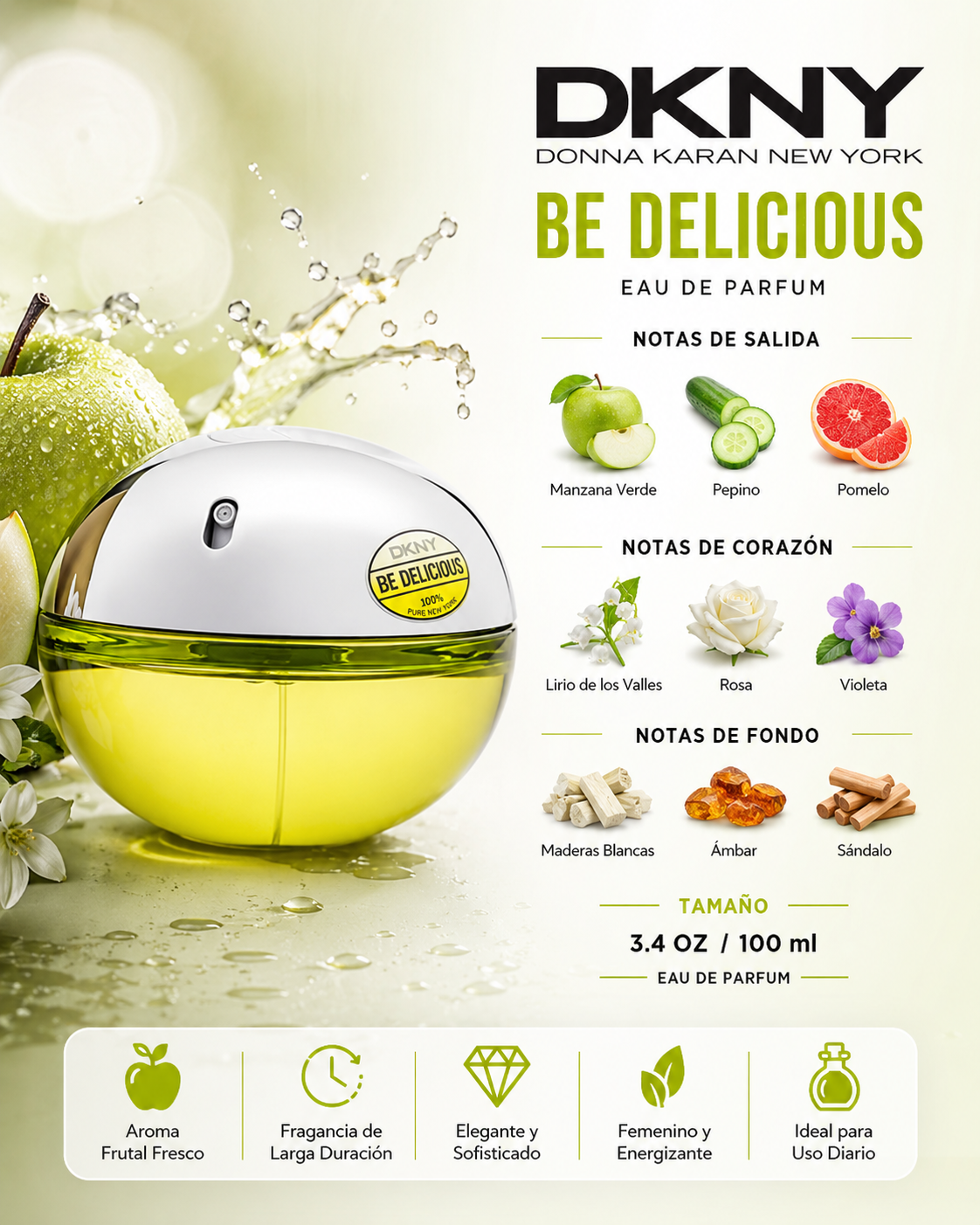 DKNY BE DELICIOUS WOMEN 3.4 OZ. EDP SP 100 ML - Imagen 2