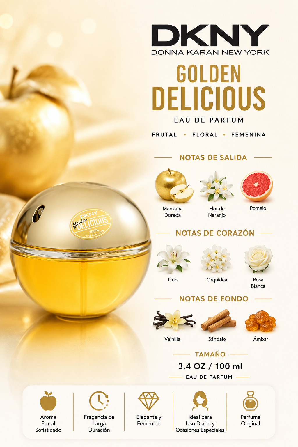 DKNY GOLDEN DELICIOUS WOMEN 3.4 OZ. EDP SPRAY 100 ML - Imagen 2