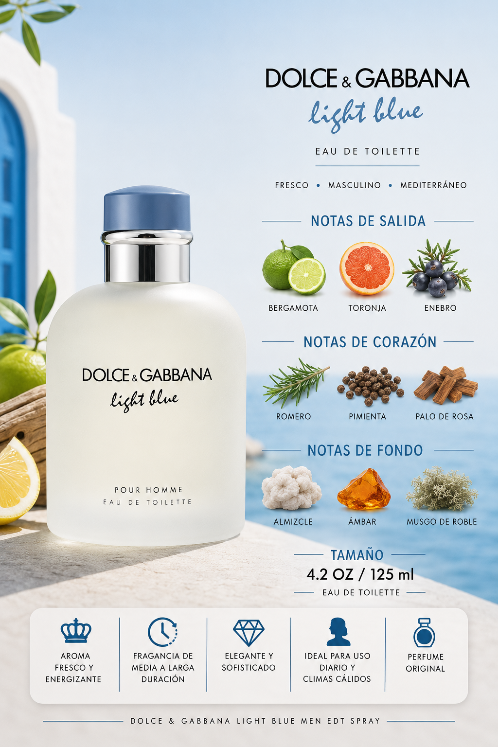 DOLCE & GABBANA LIGHT BLUE MEN 4.2 OZ. EDT SP NEW PRESENTATION 125 ML - Imagen 2