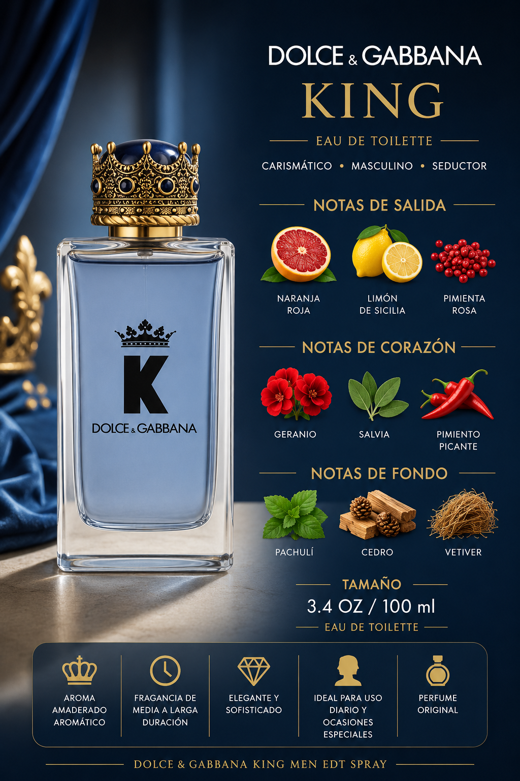 DOLCE & GABBANA KING MEN 3.4 OZ EDT SP ( NEW UPC 100 ML - Imagen 2