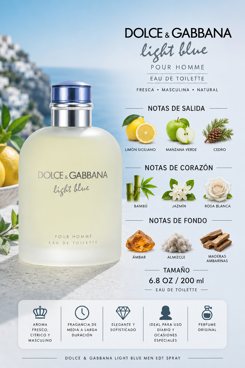 DOLCE & GABBANA LIGHT BLUE MEN 6.8 OZ. EDT SPRAY 200 ML - Imagen 2