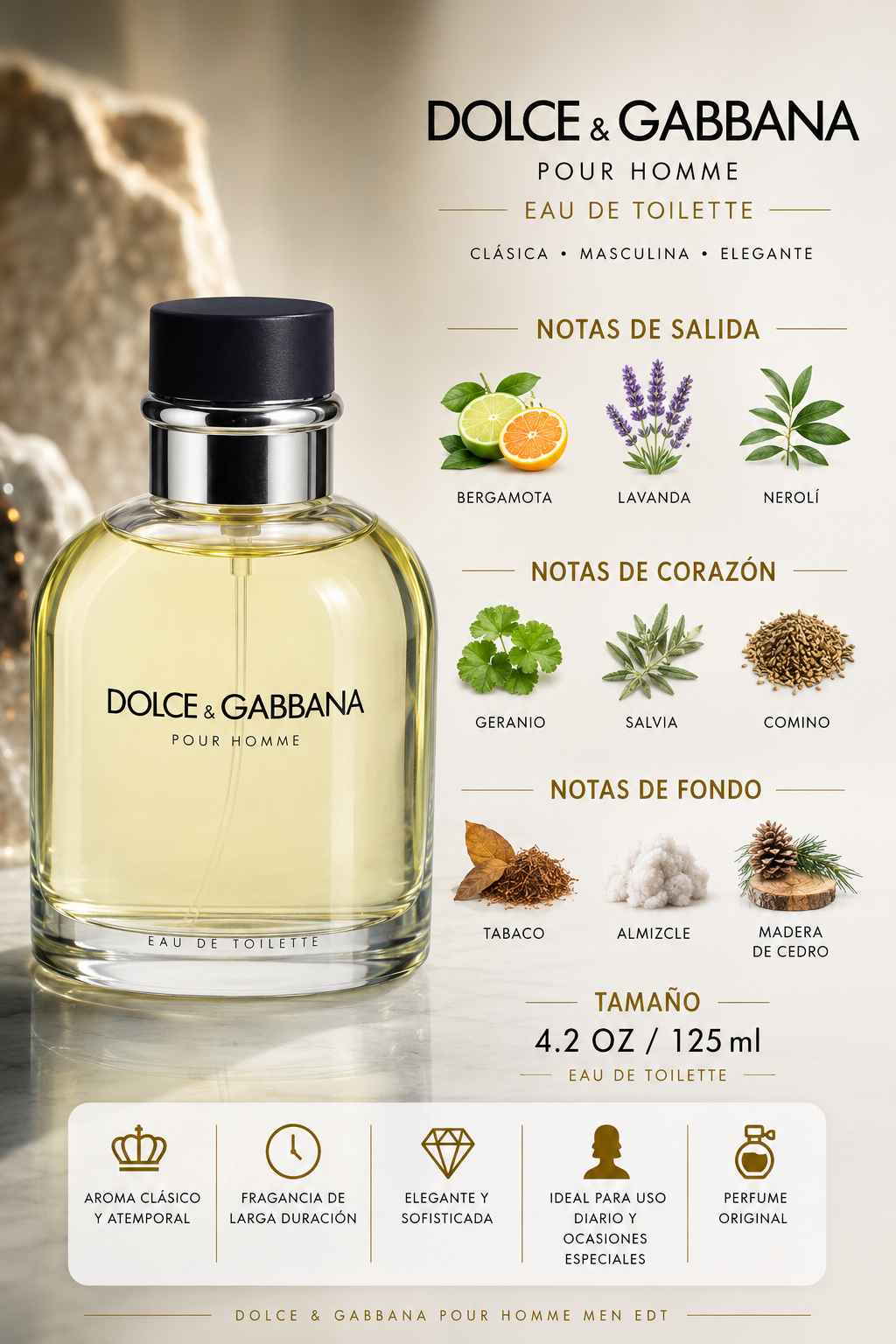 DOLCE & GABBANA POUR HOMME MEN 4.2 OZ. EDT SP 125 ML - Imagen 2