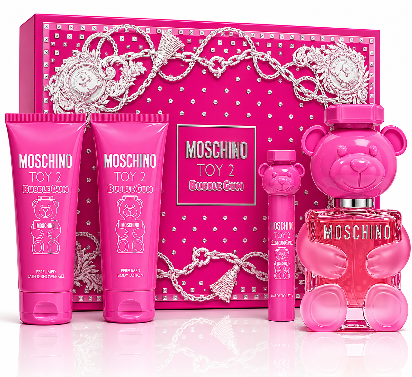 SET MOSCHINO TOY 2 BUBBLE GUM WOMEN ( 4 PC )3.4 OZ EDT SP/ 0.34 OZ EDT SP/ 3.4 OZ BODY LOTION /3.4 OZ SHOWER GEL