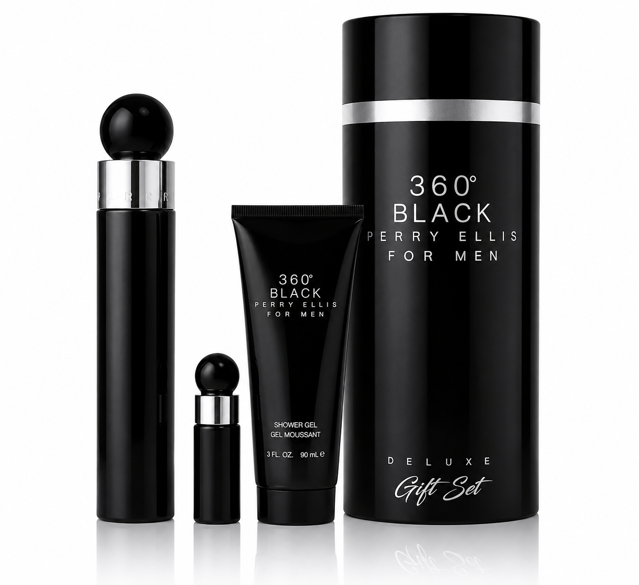 SET PERRY ELLIS 360 BLACK ( 3 PC SET ) 3.4 OZ. EDT/ 3.0 OZ. SG/ MINI SP - CANISTER