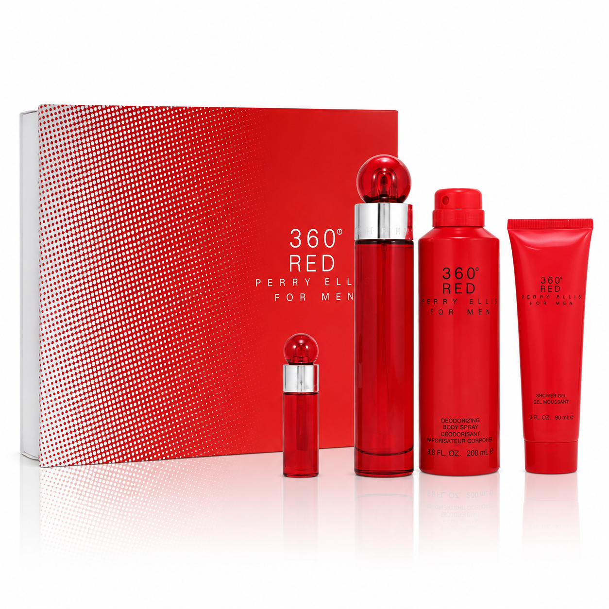 SET PERRY ELLIS 360 RED MEN ( 4 PC SET ) 3.4 OZ. EDT SP / 6.8 OZ DEO SP / 3.0 OZ SG / 10ML MINI