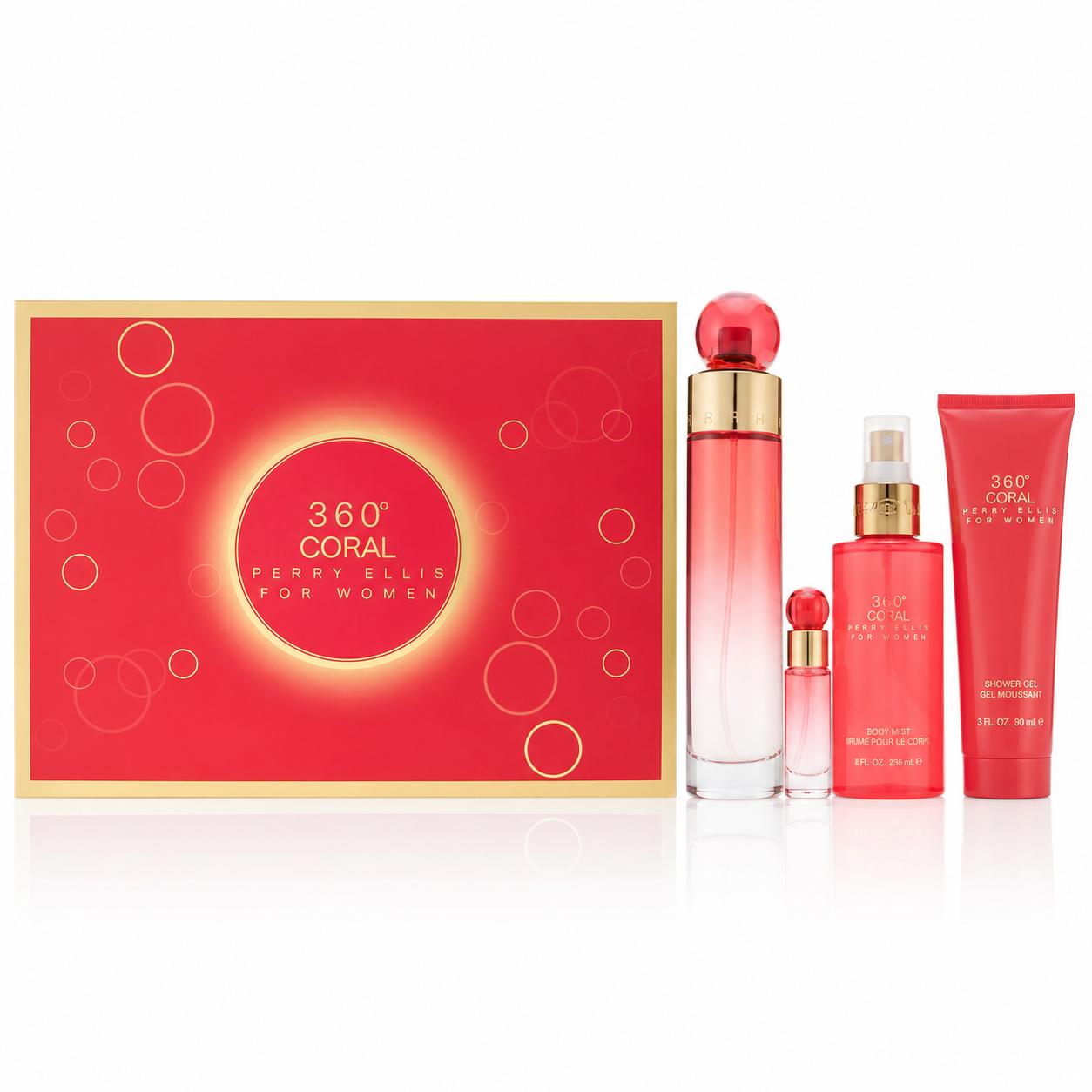 SET PERRY ELLIS 360 CORAL WOMAN ( 4 PC SET ) .4 OZ EDP + 4.0 OZ MIST + 3.0 OZ S/GEL + MINI