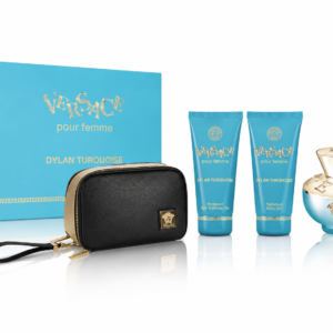 SET VERSACE DYLAN  TURQUOISE WOMEN ( 4 PC ) 3.4 OZ EDT SP /  3.4 OZ BODY GEL /3.4 OZ SHOWER GEL / BOLSO