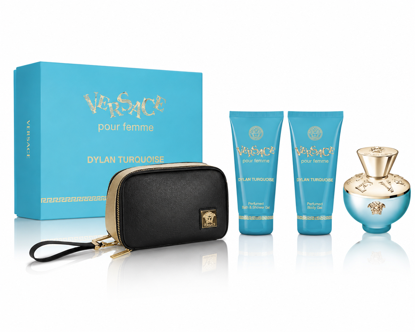 SET VERSACE DYLAN TURQUOISE WOMEN ( 4 PC ) 3.4 OZ EDT SP / 3.4 OZ BODY GEL /3.4 OZ SHOWER GEL / BOLSO