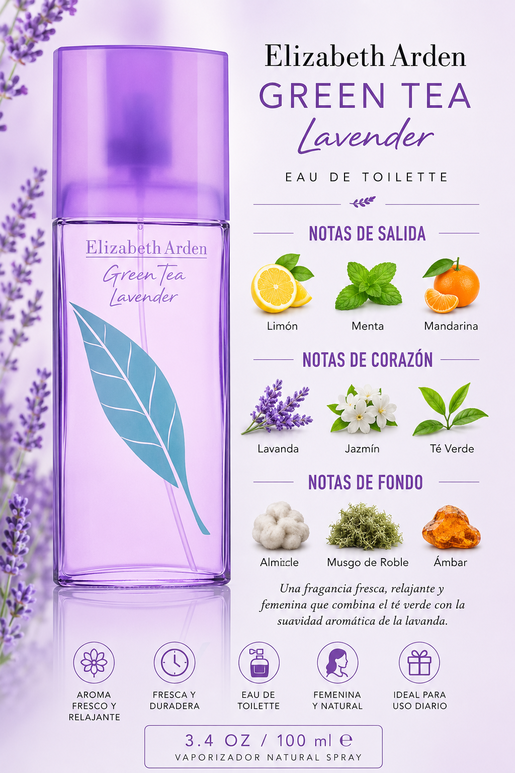 ELIZABETH ARDEN GREEN TEA LAVENDER WOMEN 3.4 OZ. EDT 100 ML - Imagen 2