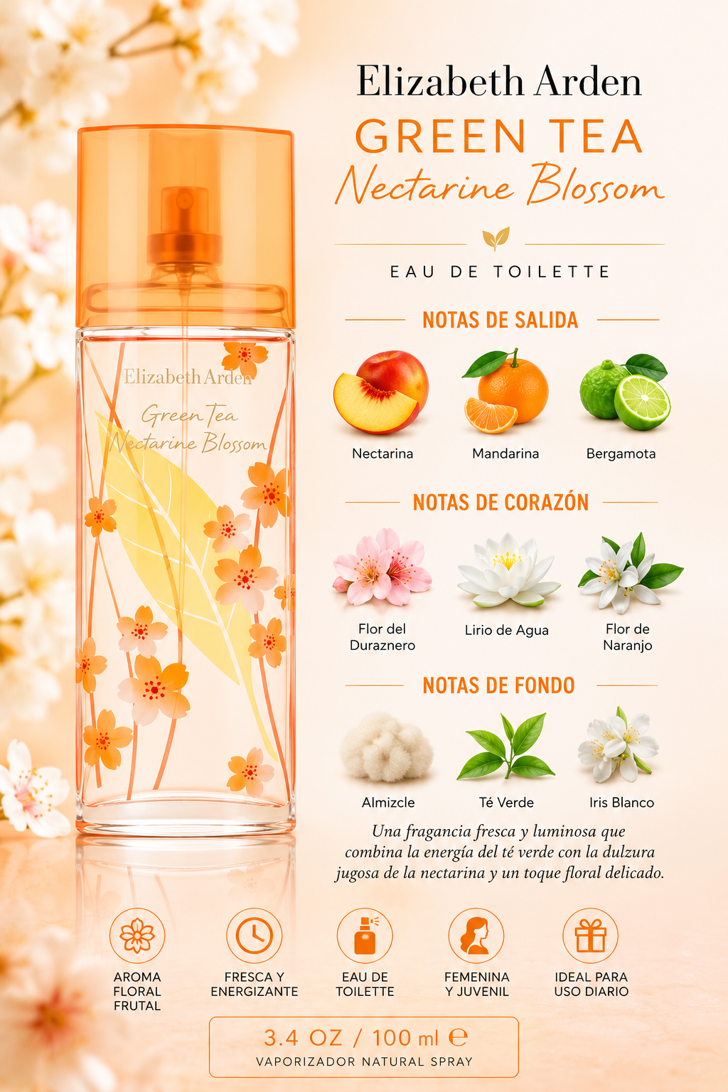 ELIZABETH ARDEN GREEN TEA NECTARINE BLOSSOM WOMEN 3.4 OZ. EDT SP 100 ML - Imagen 2