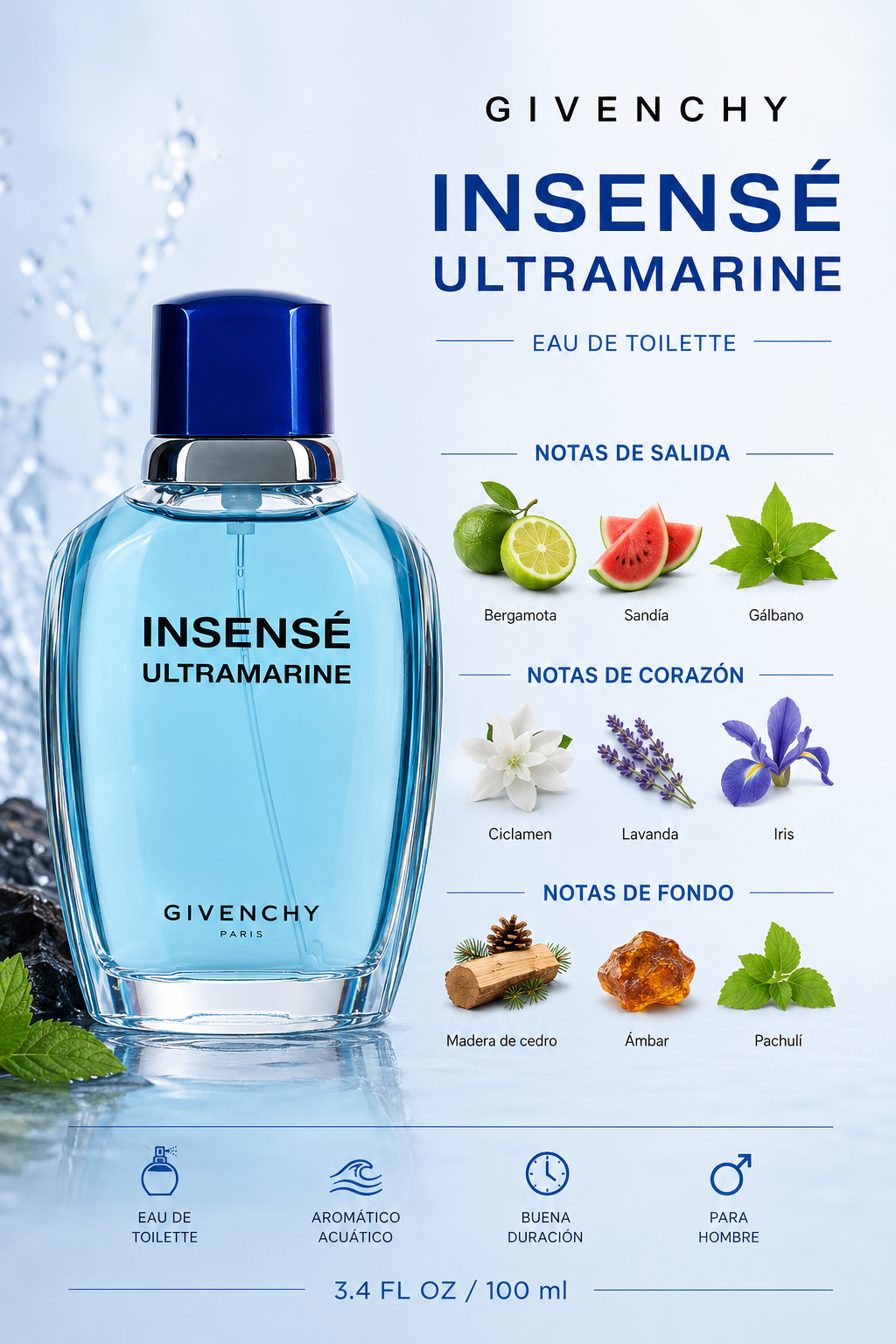 GIVENCHY INSENSE ULTRAMARINE MEN 3.4 OZ. EDT SP 100 ML - Imagen 2