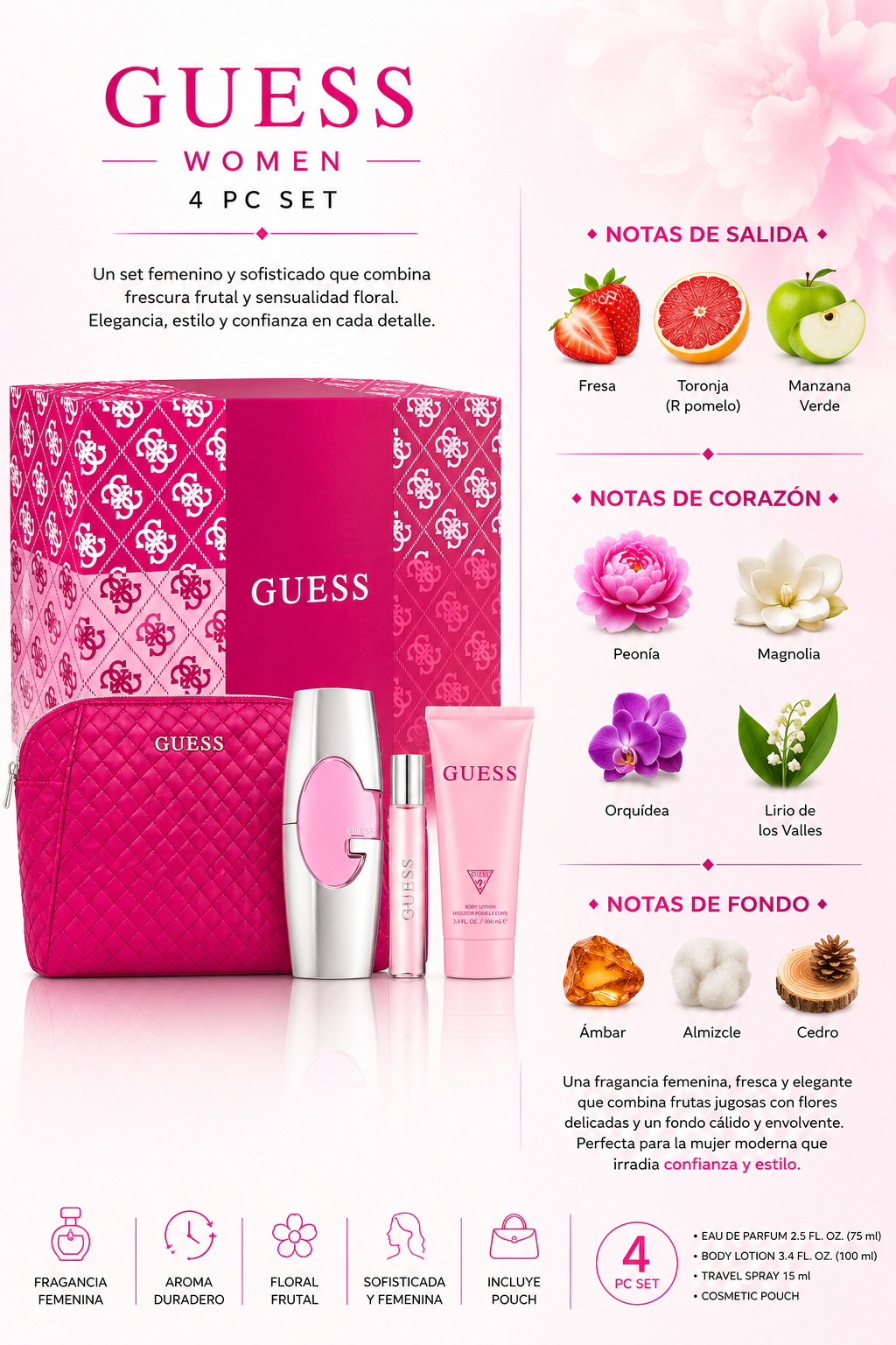 SET GUESS FOR WOMEN ( 4 PC ) 2.5 EDP SP / 3.4 OZ BL / 15 ML / POUCH - Imagen 2