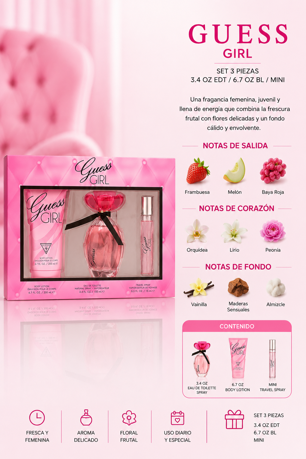 SET GUESS GIRL WOMEN 3 PC SET 3.4 OZ. EDT / 6.7 OZ. BL / MINI - Imagen 2