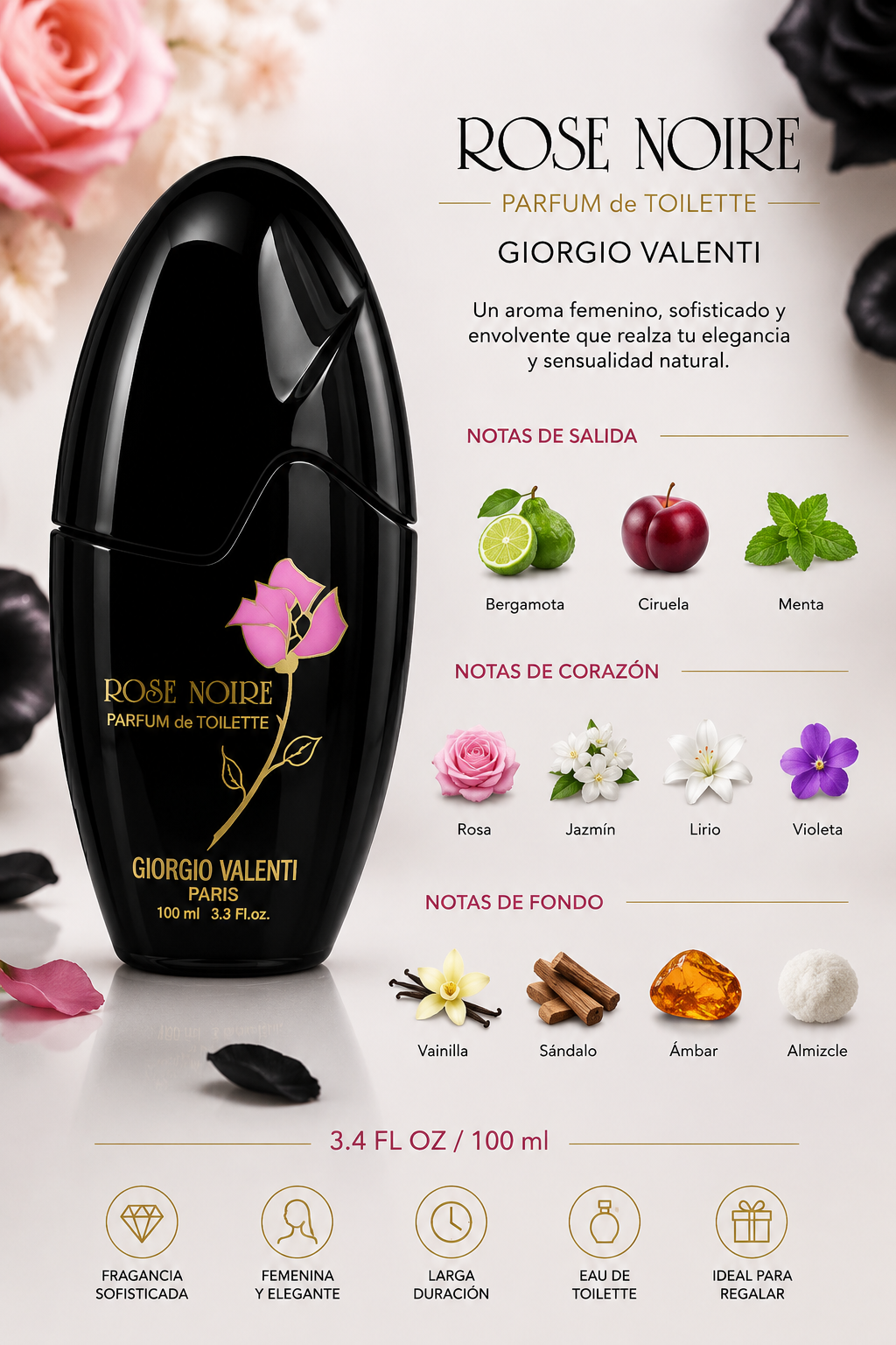 GIORGIO VALENTI ROSE NOIRE WOMEN 3.4 OZ. EDT SP 100 ML - Imagen 2