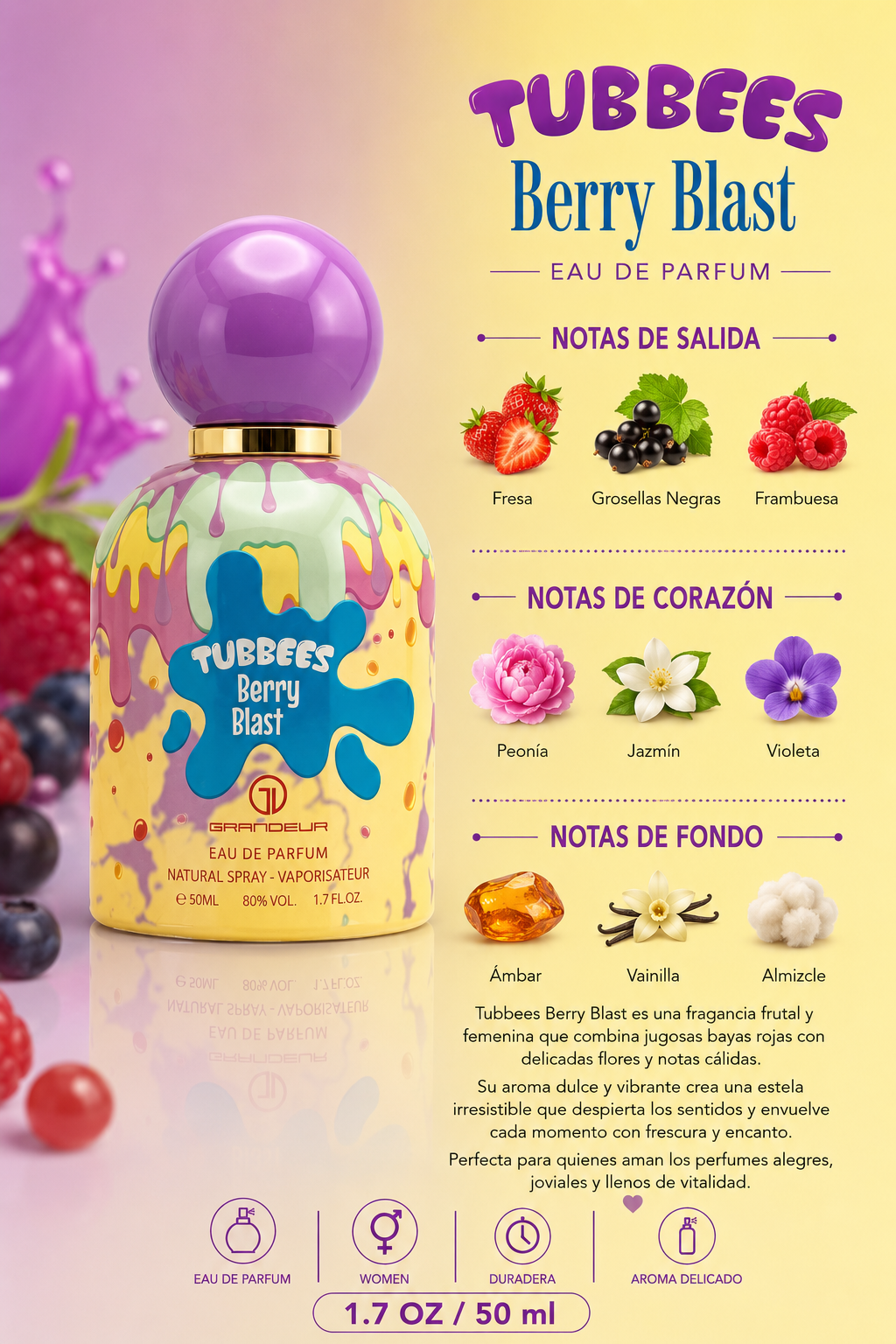 GRANDEUR TUBBEES BERRY BLAST WOMEN 1.7 OZ EDP SP 50 ML - Imagen 2