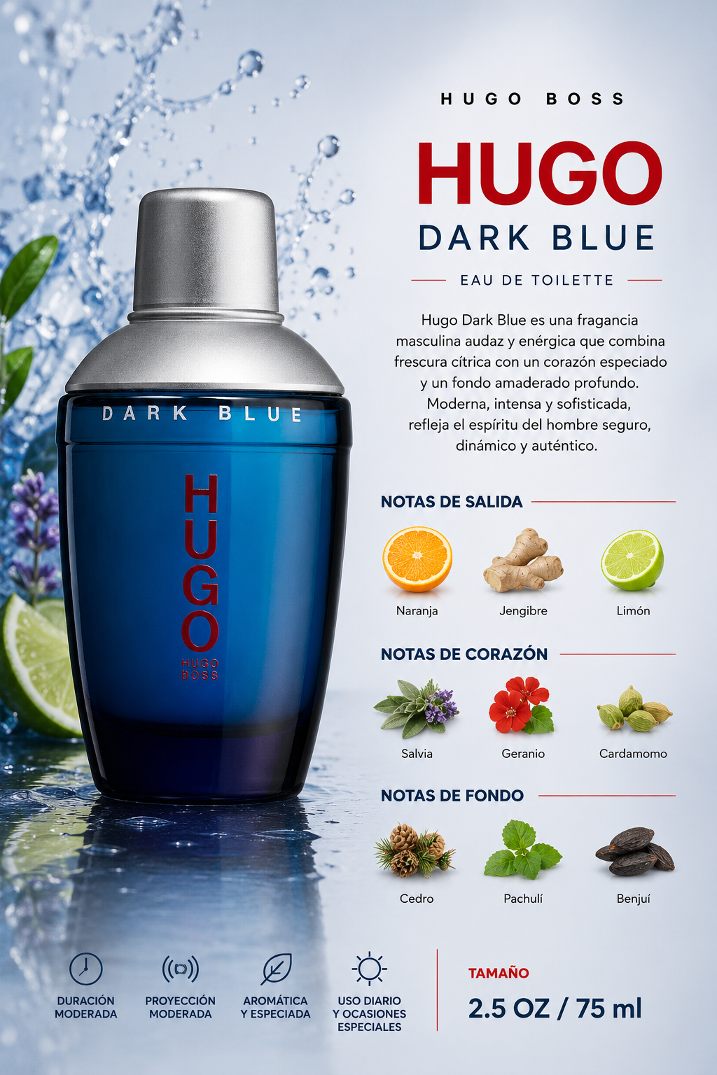 HUGO BOSS DARK BLUE MEN 2.5 OZ. EDT SPRAY 75 ML - Imagen 2