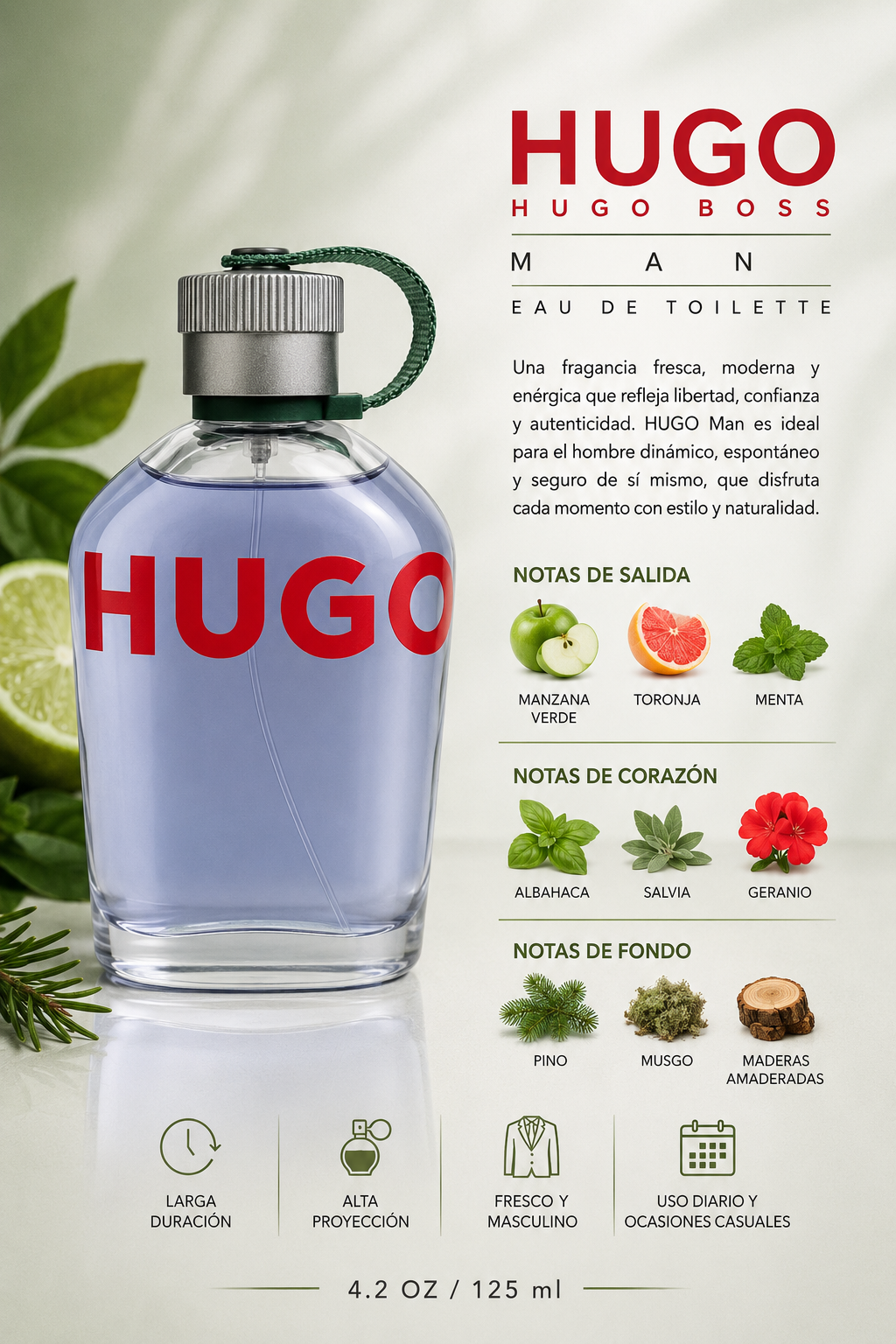 HUGO BOSS GREEN MEN 4.2 OZ. EDT SP (NEW UPC) 125 ML - Imagen 2