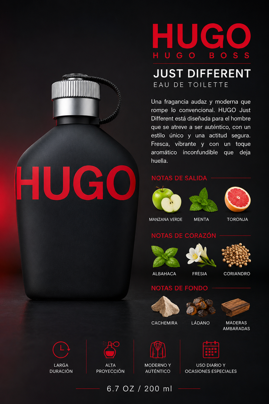 HUGO BOSS JUST DIFFERENT MEN 6.7 OZ. EDT SP 200 ML - Imagen 2