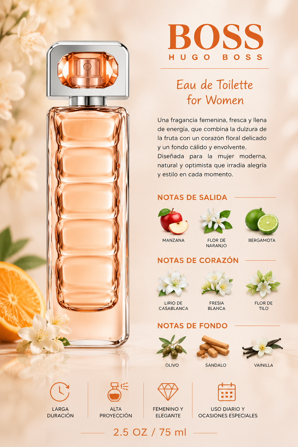 HUGO BOSS ORANGE WOMEN 2.5 EDT SP 75 ML - Imagen 2