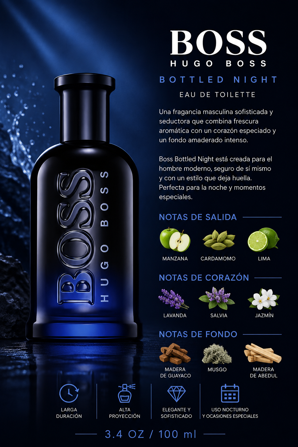 HUGO BOSS BOTTLED #6 NIGHT MEN 3.4 OZ. EDT SP 100 ML - Imagen 2