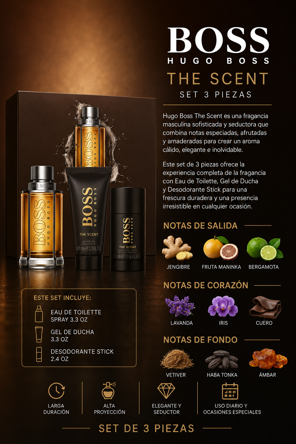 SET HUGO BOSS THE SCENT MEN ( 3 PC ) 3.3 OZ EDT SP / SG 3.3 OZ / DEODORANT 2.4 OZ - Imagen 2