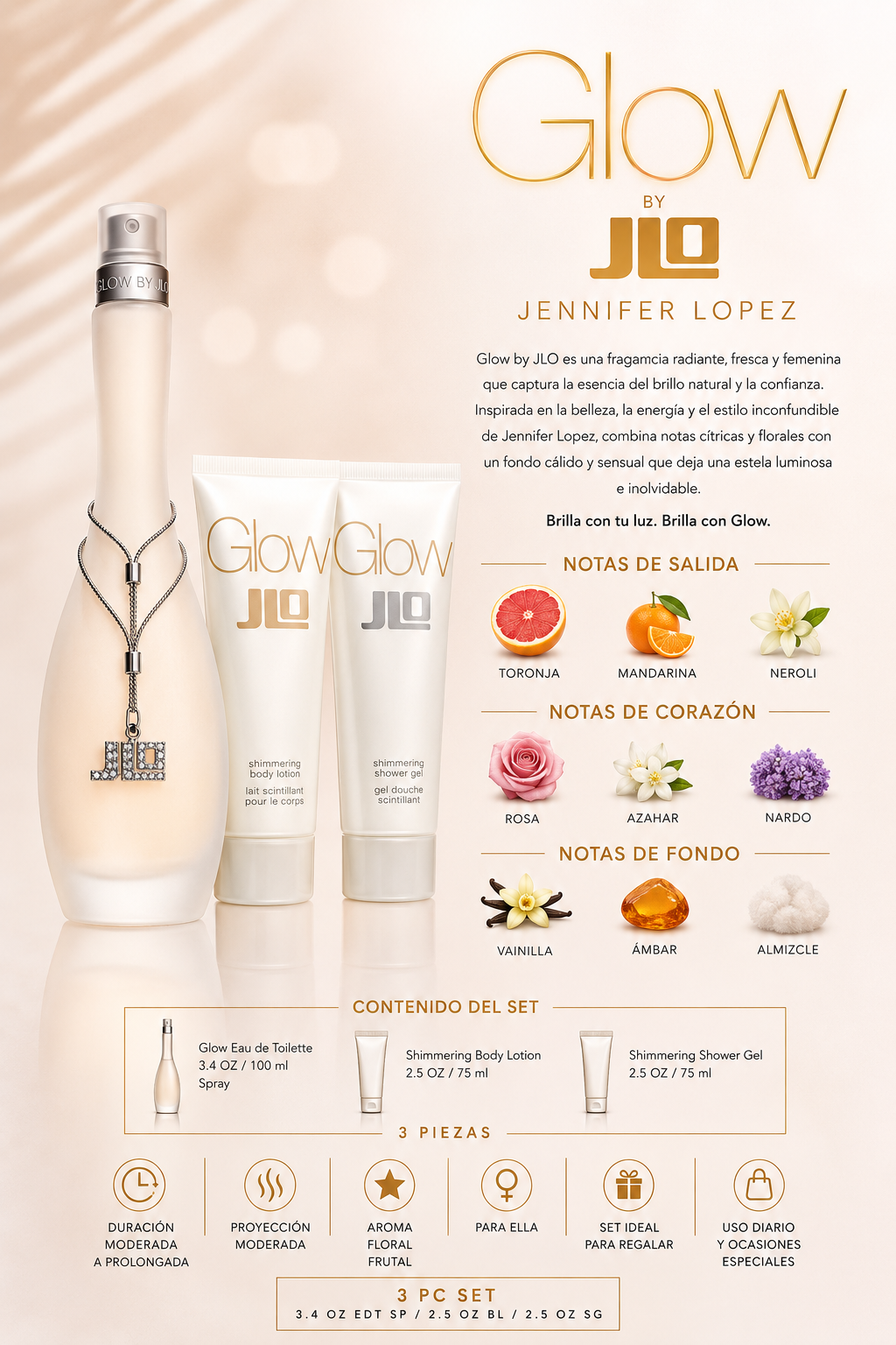 SET JENNIFER LOPEZ GLOW by JLO WOMEN ( 3 PC ) 3.4 OZ EDT SP / 2.5 OZ BL / 2.5 OZ SG 3 - Imagen 2