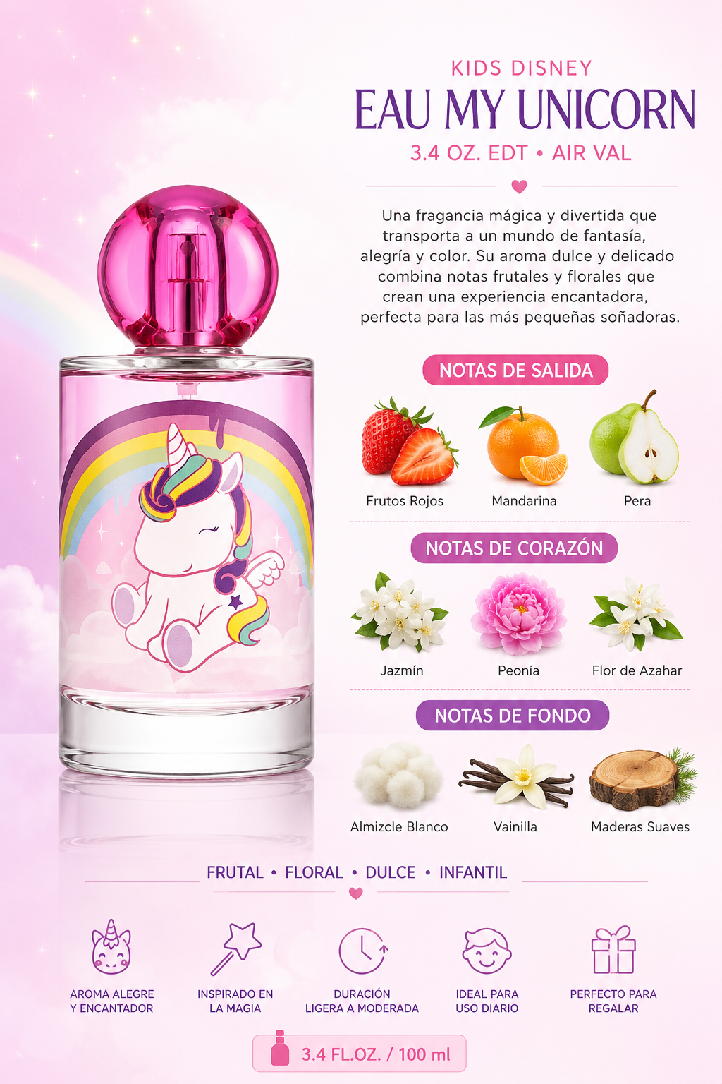 KIDS DISNEY EAU MY UNICORN 3.4 OZ. EDT AIR VAL 100 ML - Imagen 2