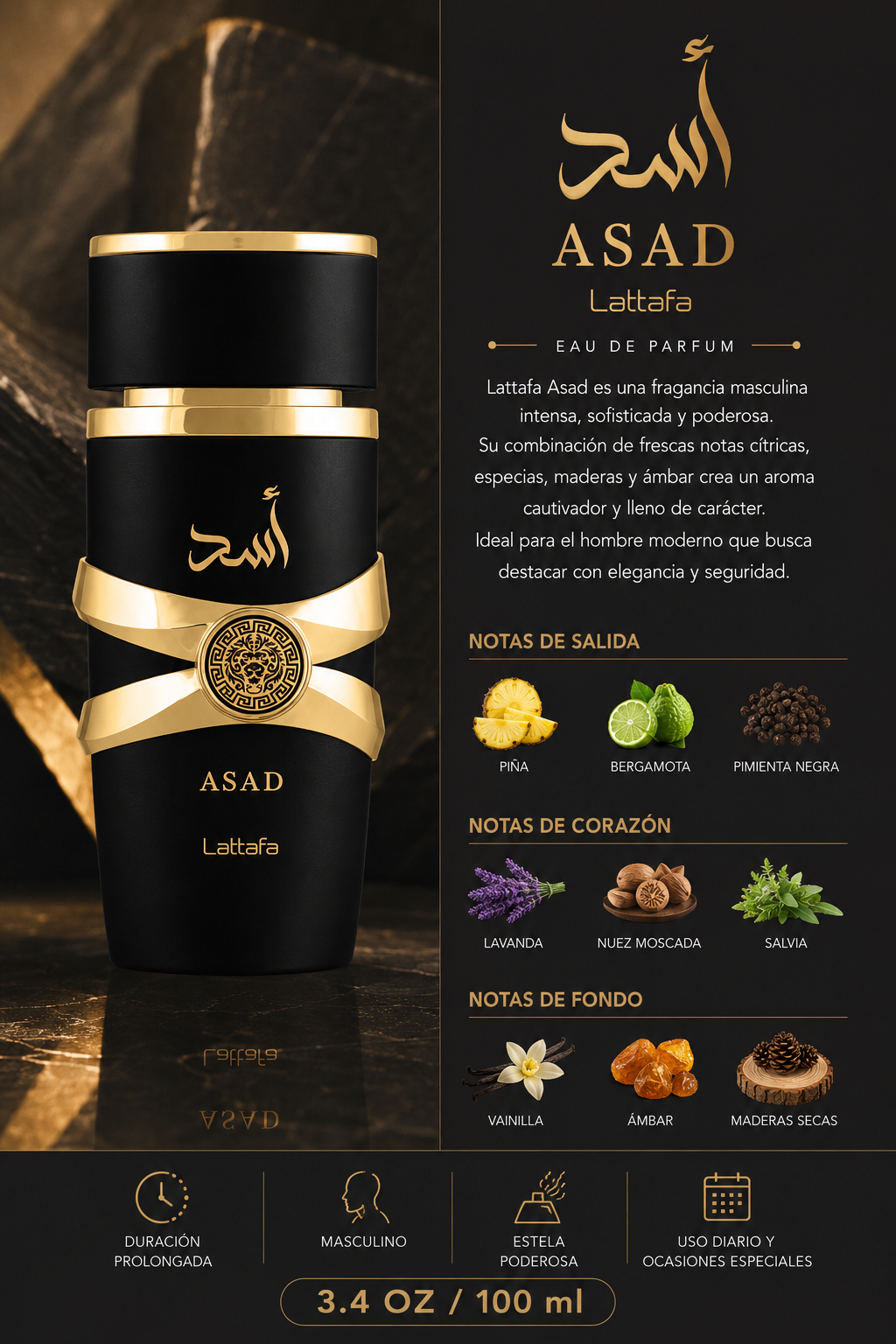 LATTAFA ASAD MEN 3.4 OZ. EDP SP 100 ML - Imagen 2