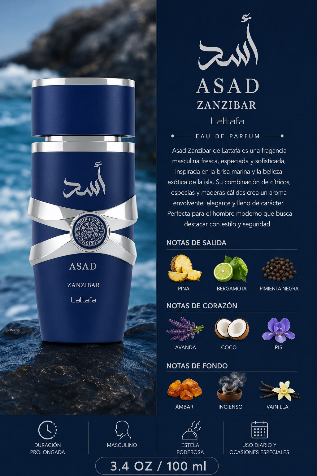 LATTAFA ASAD ZANZIBAR MEN 3.4 OZ EDP SP 100 ML - Imagen 2