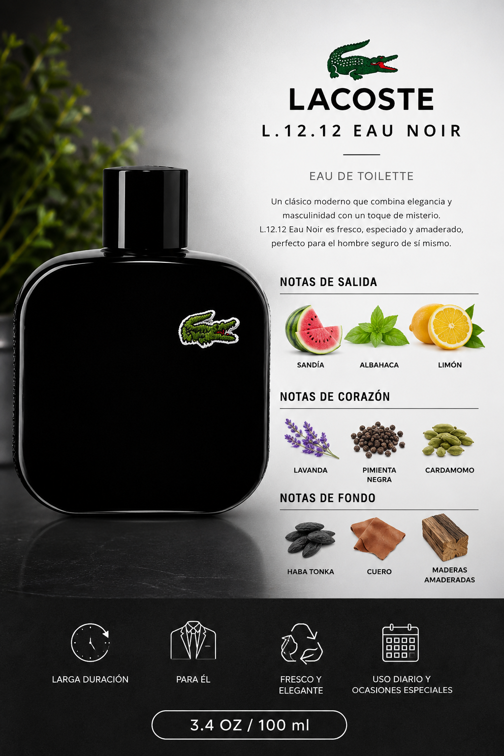 LACOSTE L.12.12 EAU NOIR (BLACK) MEN 3.4 OZ. EDT SP 100 ML - Imagen 2