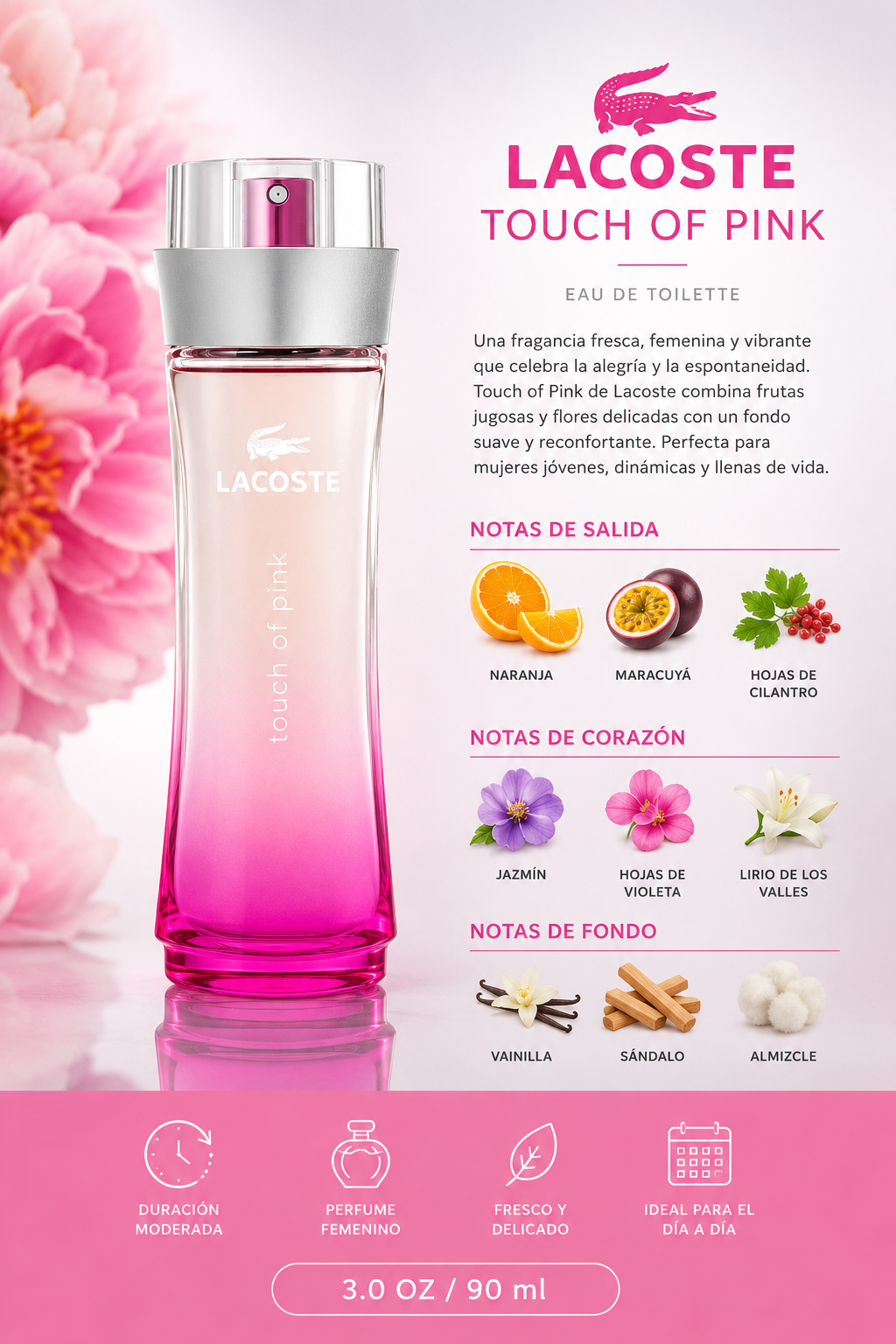 LACOSTE TOUCH OF PINK WOMEN 3.0 OZ. EDT SP 90 ML - Imagen 2