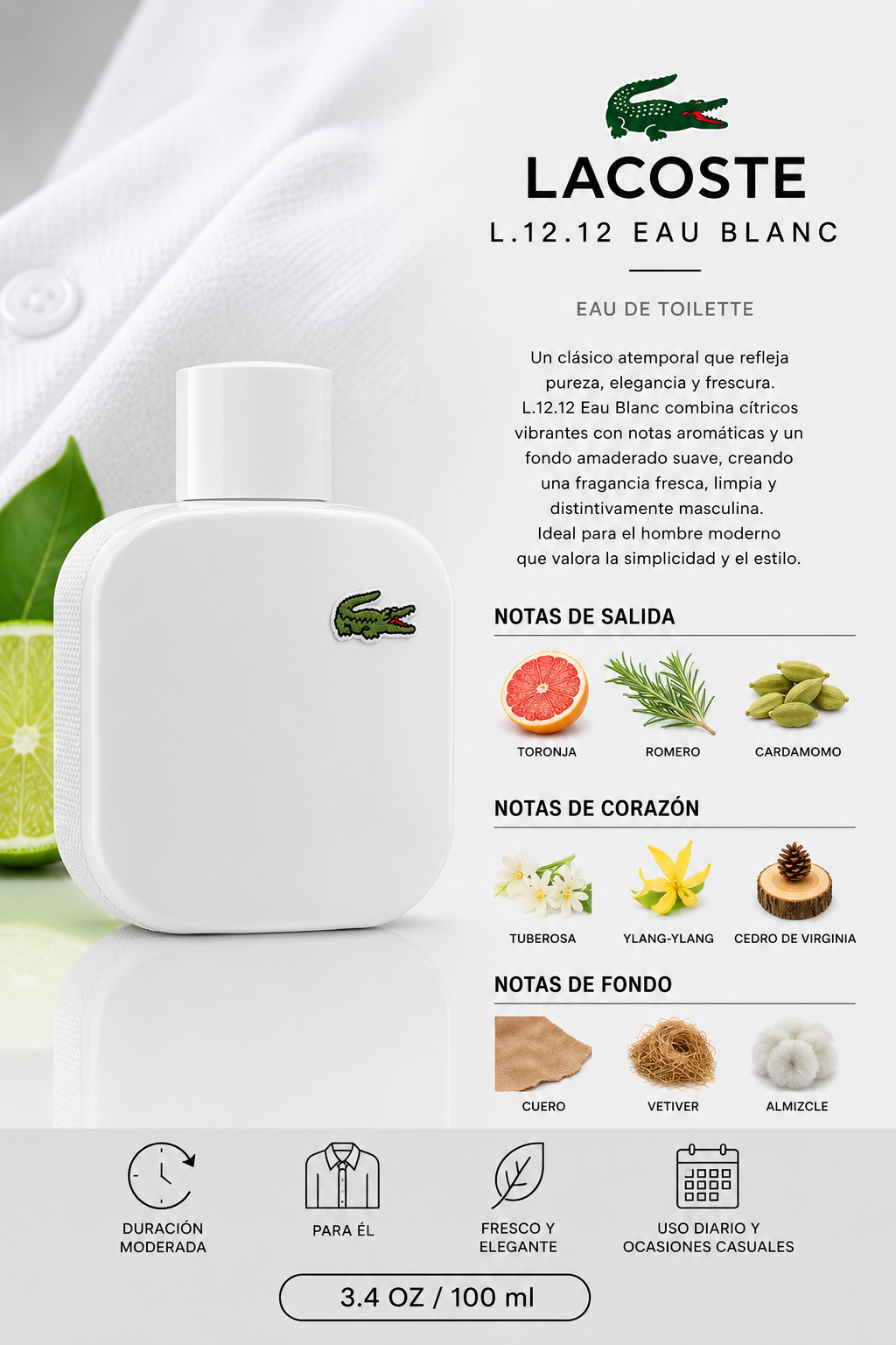 LACOSTE L.12.12 EAU BLANC (WHITE) MEN 3.4 OZ. EDT SP 100 ML - Imagen 2
