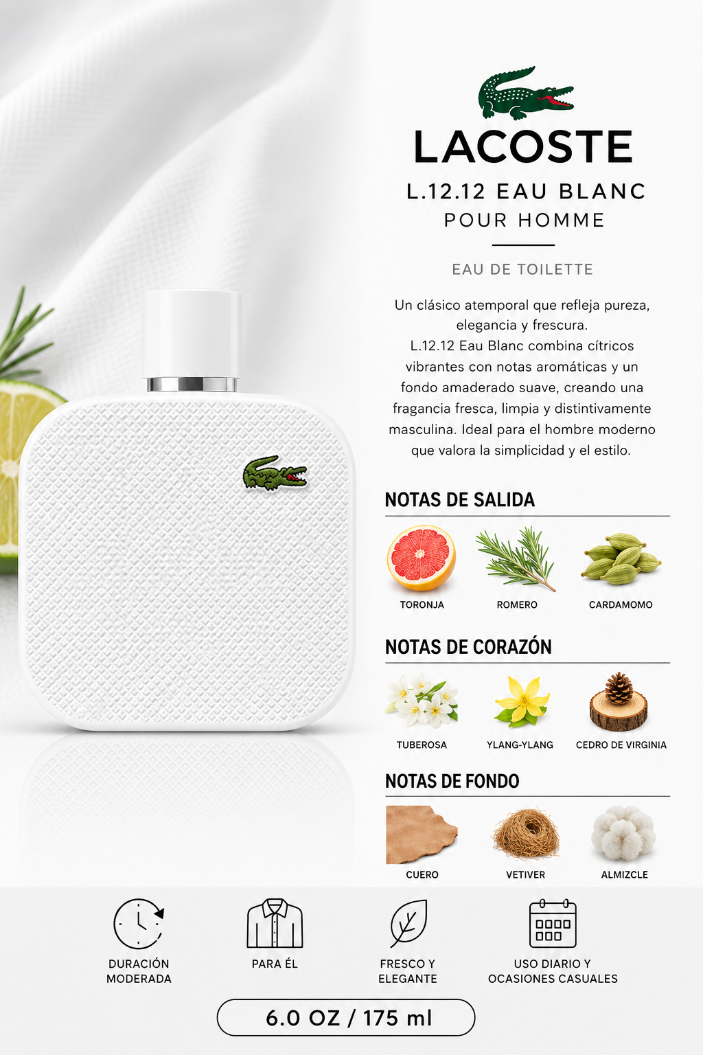 LACOSTE L.12.12 EAU BLANC (WHITE) MEN 6.0 OZ. EDT SP 175 ML - Imagen 2