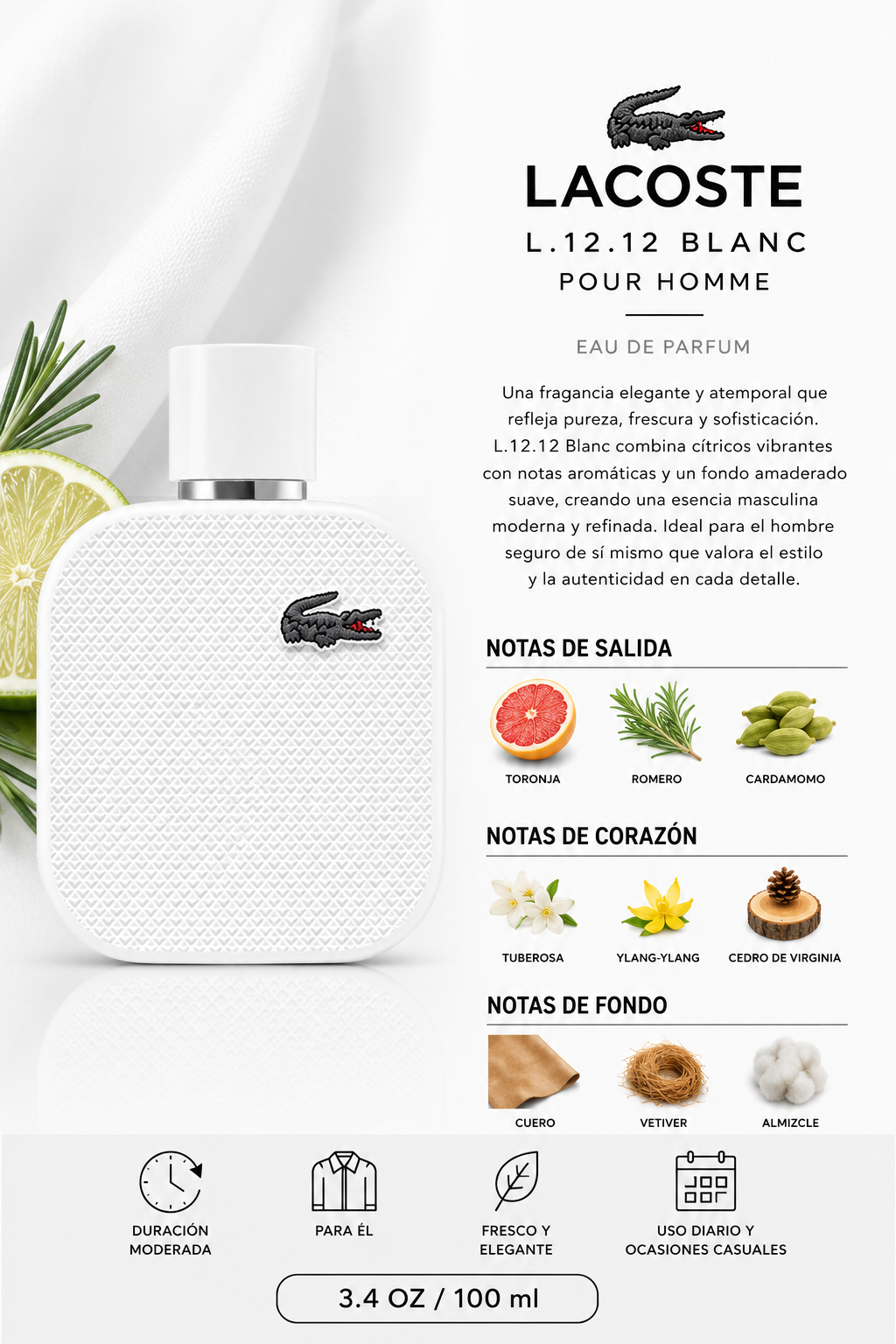 LACOSTE L.12.12 EAU DE BLANC MEN 3.4 OZ EDP SP 100 ML - Imagen 2