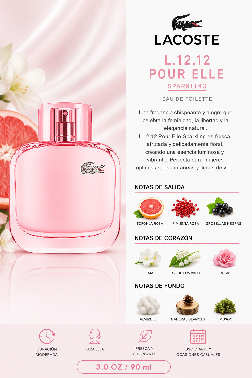 LACOSTE L.12.12 POUR ELLE SPARKLING WOMEN 3.0 OZ EDT SP 90 ML - Imagen 2