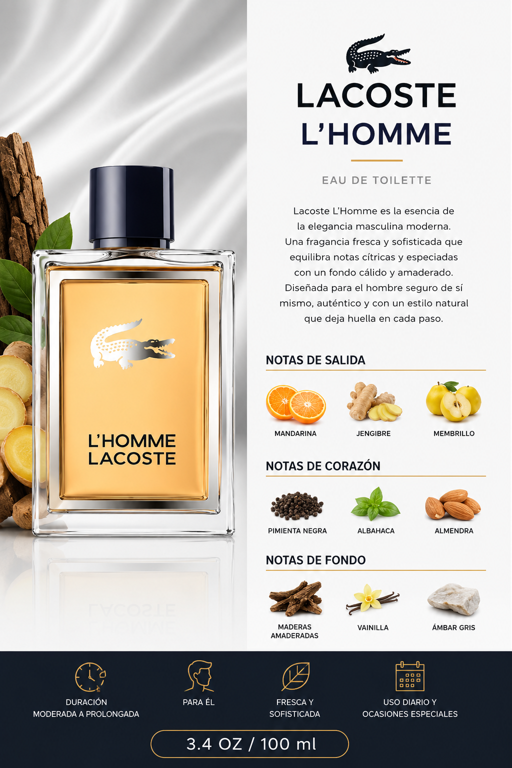 LACOSTE L'HOMME 3.4 OZ EDT SPRAY 100 ML - Imagen 2
