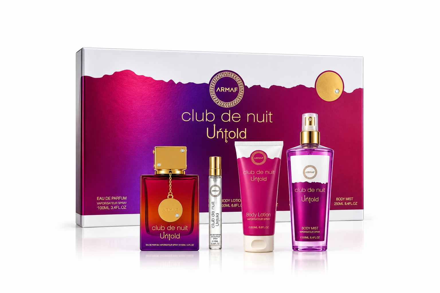 SET ARMAF CLUB DE NUIT UNTOLD UNISEX ( 4 PC ) 3.4 OZ EDP SP /6.8 OZ BL/8.4 BODY MIST /0.34 OZ TRAVEL